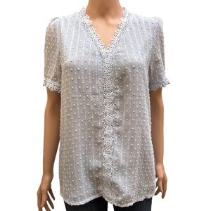 Elegant Light Blue Short Sleeves Crochet Lace Trim Blouse Small